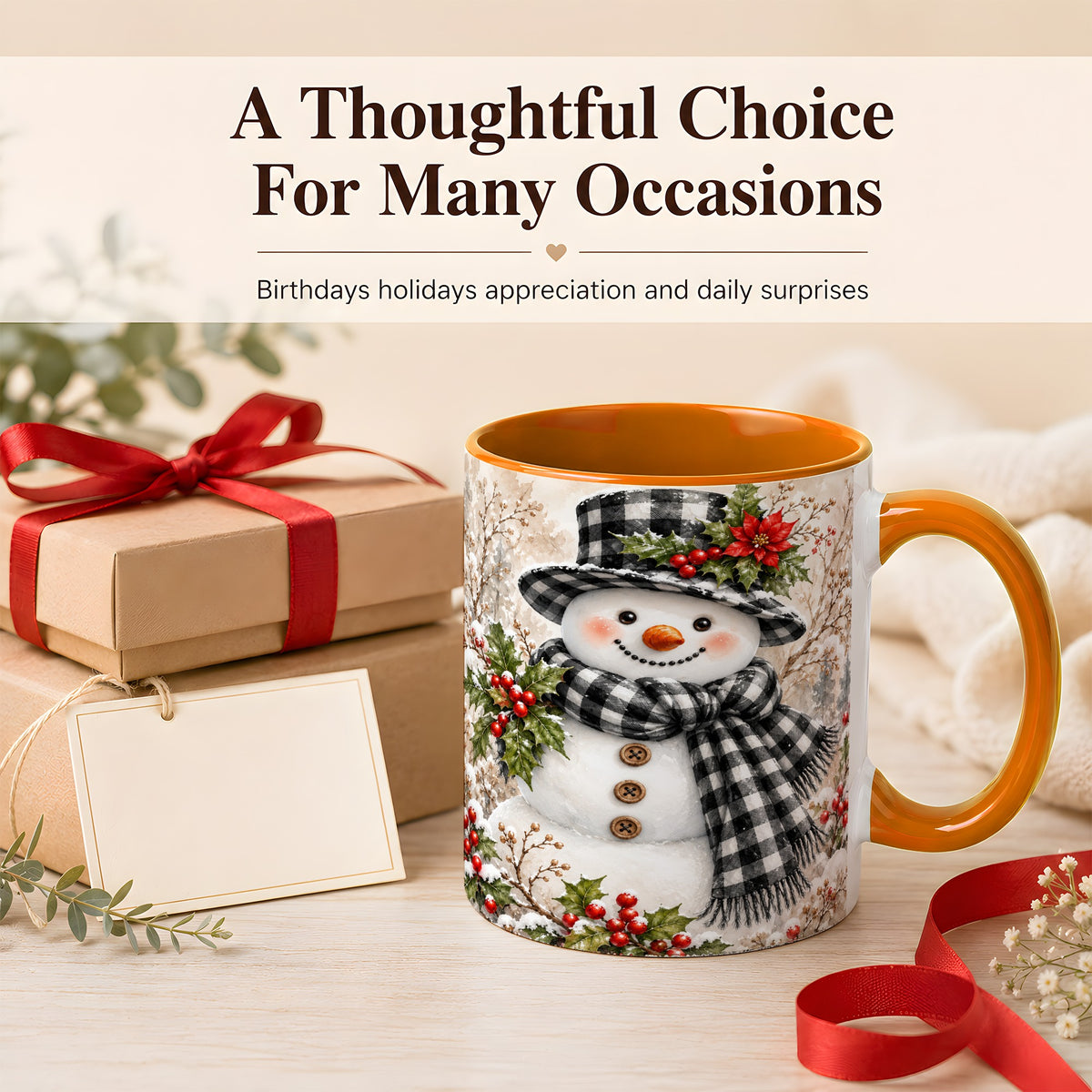 #pl[11oz|Orange] Plaid Snowman Coffee Mug, Farmhouse Christmas Mug, Ceramic Cup