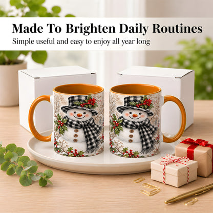 #pl[11oz|Orange] Plaid Snowman Coffee Mug, Farmhouse Christmas Mug, Ceramic Cup