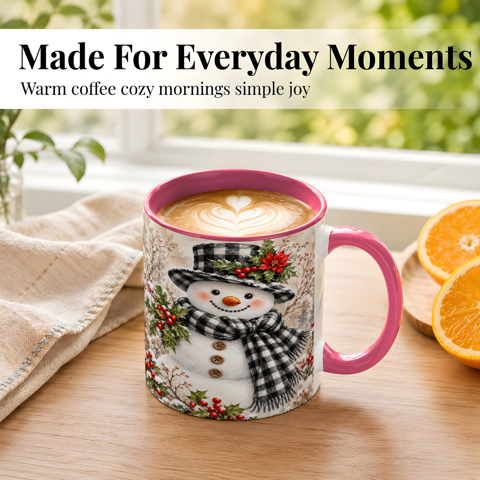 #pl[11oz|Pink] Plaid Snowman Coffee Mug, Farmhouse Christmas Mug, Ceramic Cup