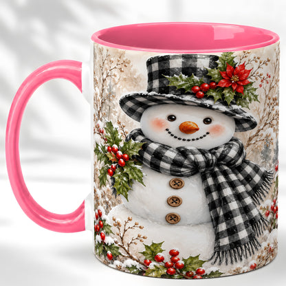 #pl[11oz|Pink] Plaid Snowman Coffee Mug, Farmhouse Christmas Mug, Ceramic Cup