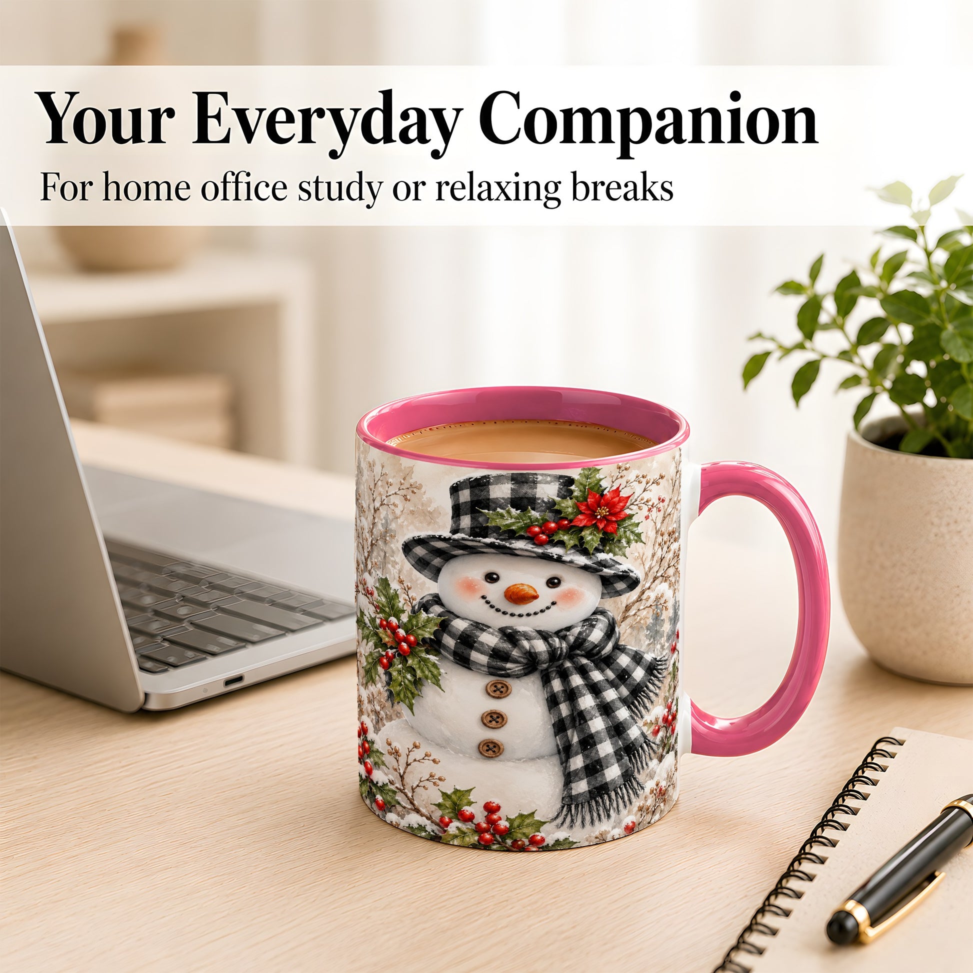 #pl[11oz|Pink] Plaid Snowman Coffee Mug, Farmhouse Christmas Mug, Ceramic Cup