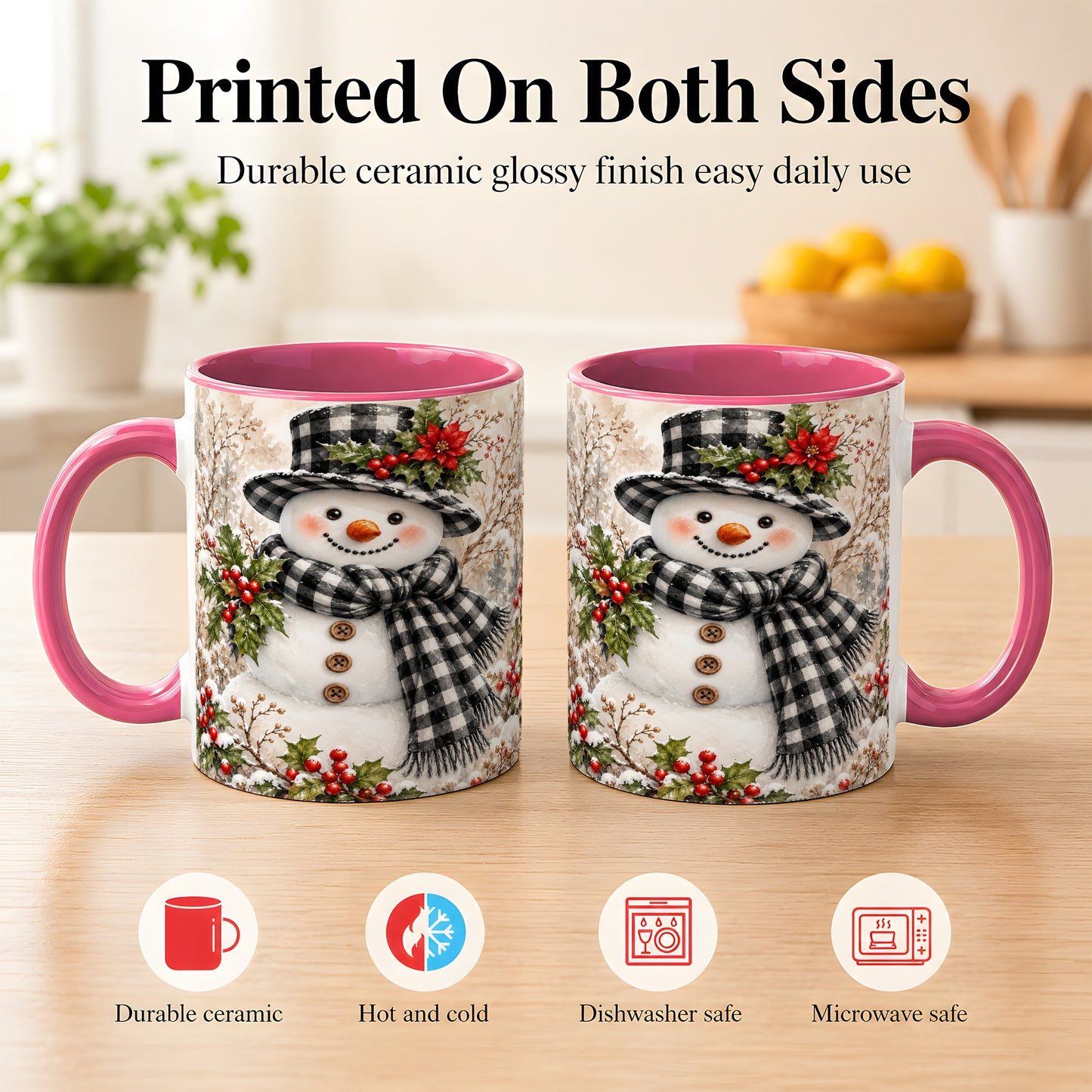 #pl[11oz|Pink] Plaid Snowman Coffee Mug, Farmhouse Christmas Mug, Ceramic Cup