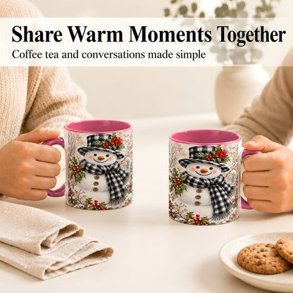 #pl[11oz|Pink] Plaid Snowman Coffee Mug, Farmhouse Christmas Mug, Ceramic Cup