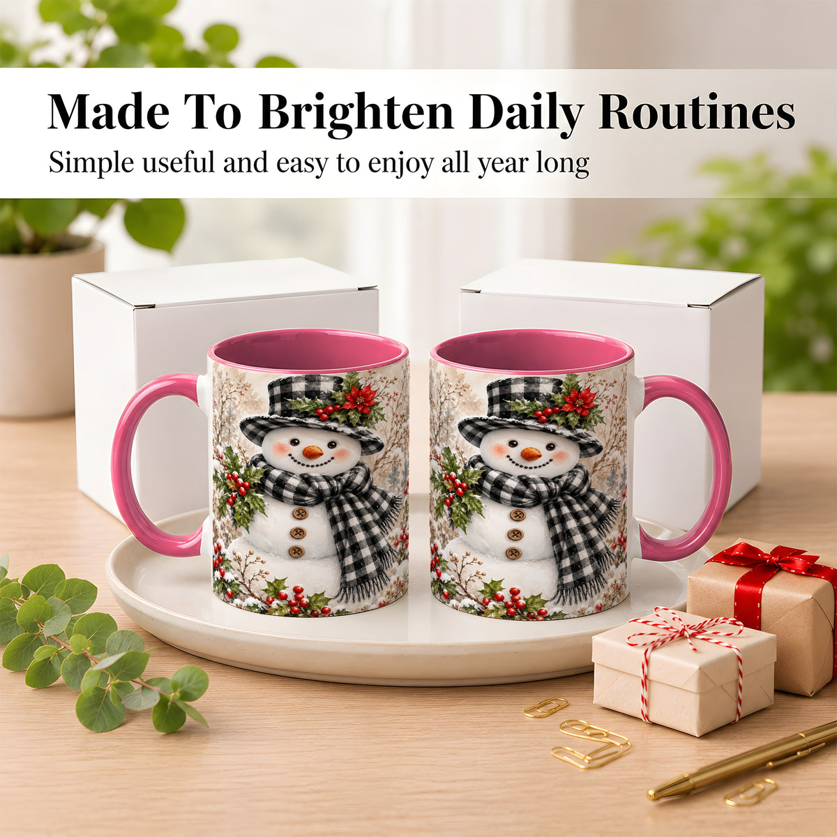 #pl[11oz|Pink] Plaid Snowman Coffee Mug, Farmhouse Christmas Mug, Ceramic Cup