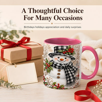 #pl[11oz|Pink] Plaid Snowman Coffee Mug, Farmhouse Christmas Mug, Ceramic Cup