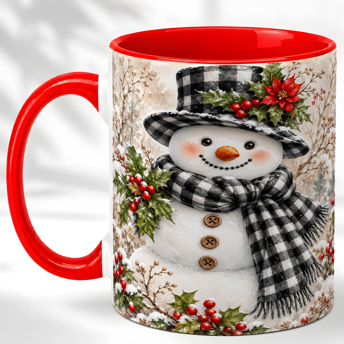 Plaid Snowman Coffee Mug, Farmhouse Christmas Mug, Ceramic Cup