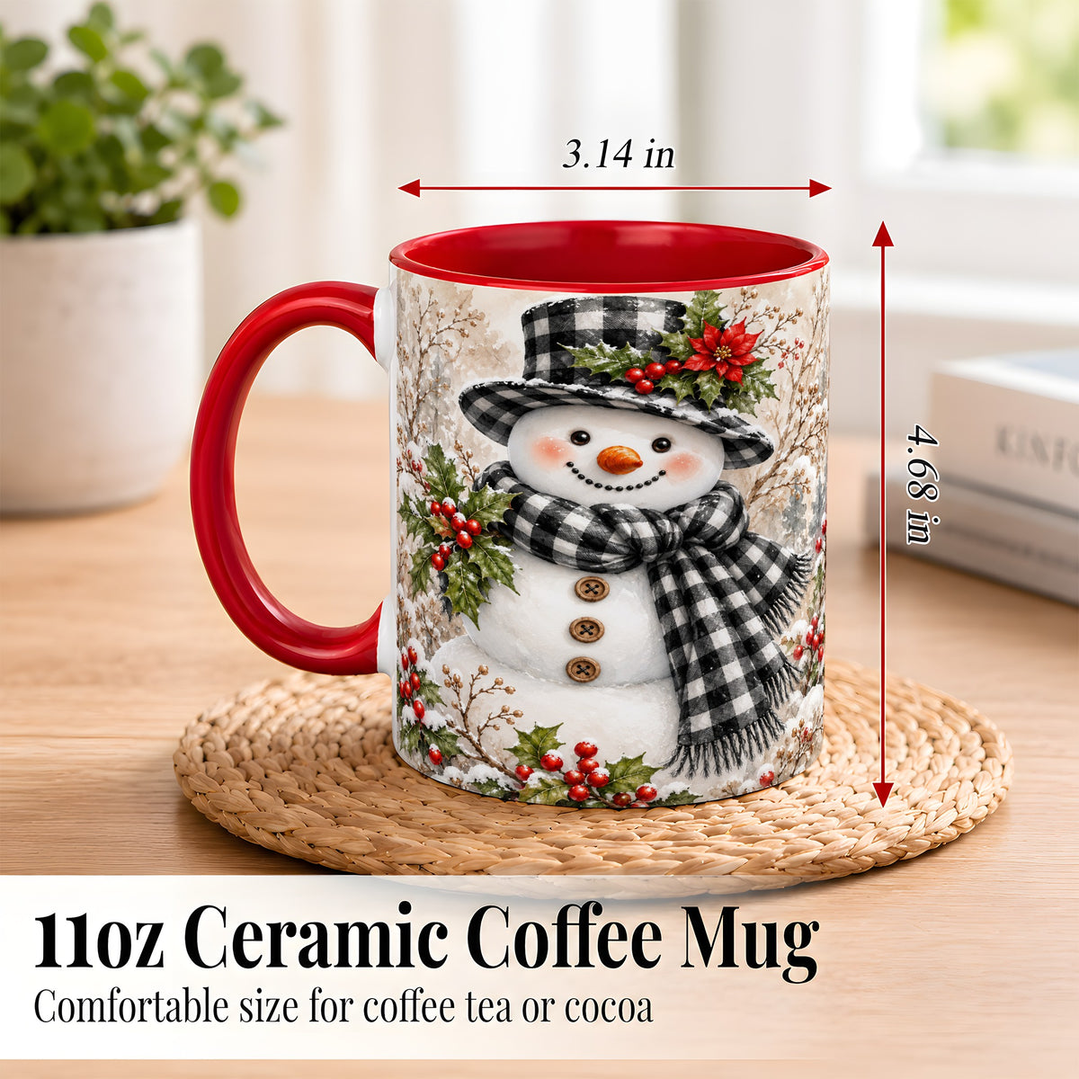 #pl[11oz|Red] Plaid Snowman Coffee Mug, Farmhouse Christmas Mug, Ceramic Cup