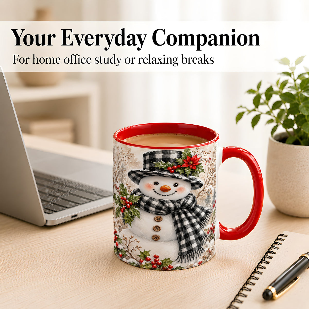 #pl[11oz|Red] Plaid Snowman Coffee Mug, Farmhouse Christmas Mug, Ceramic Cup