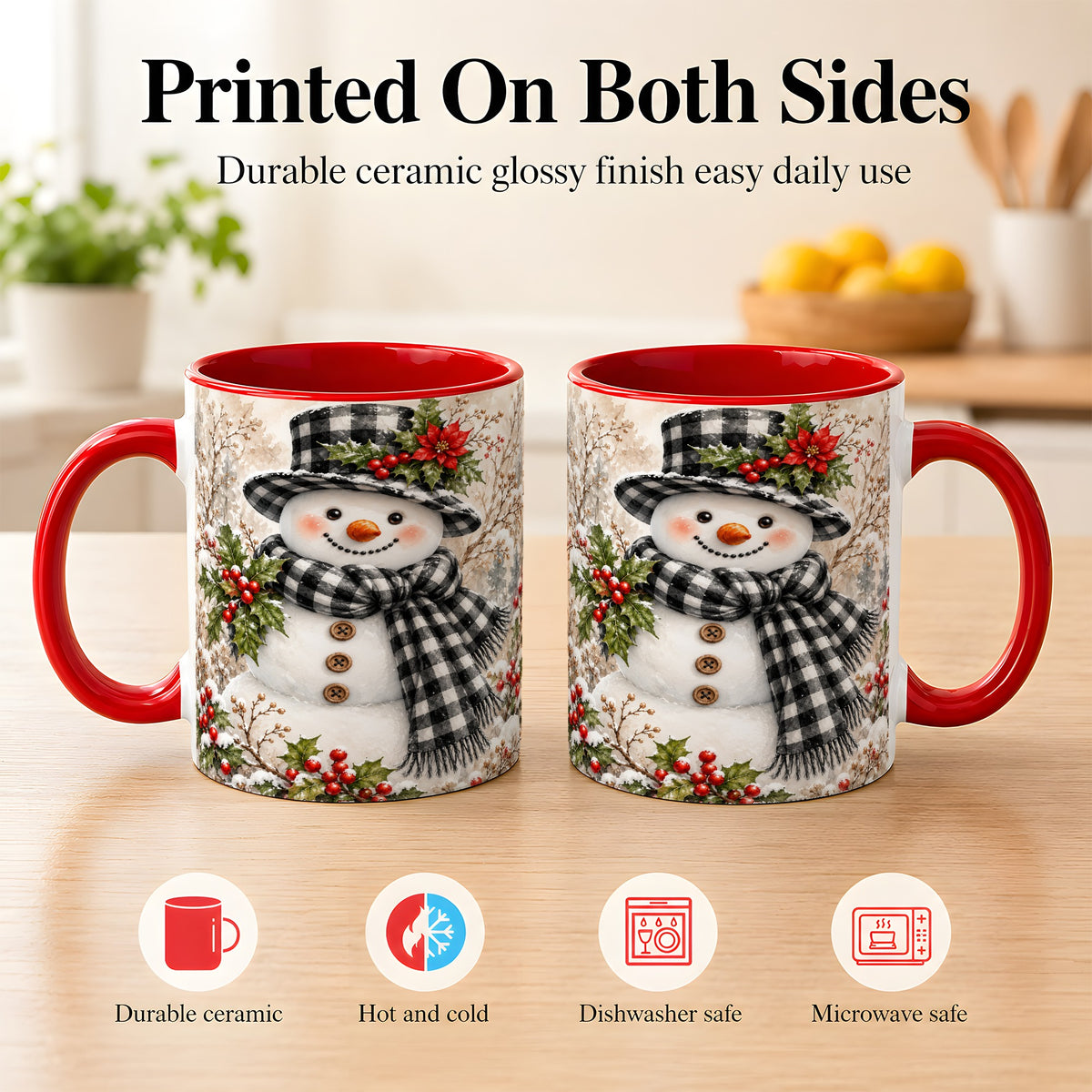 #pl[11oz|Red] Plaid Snowman Coffee Mug, Farmhouse Christmas Mug, Ceramic Cup