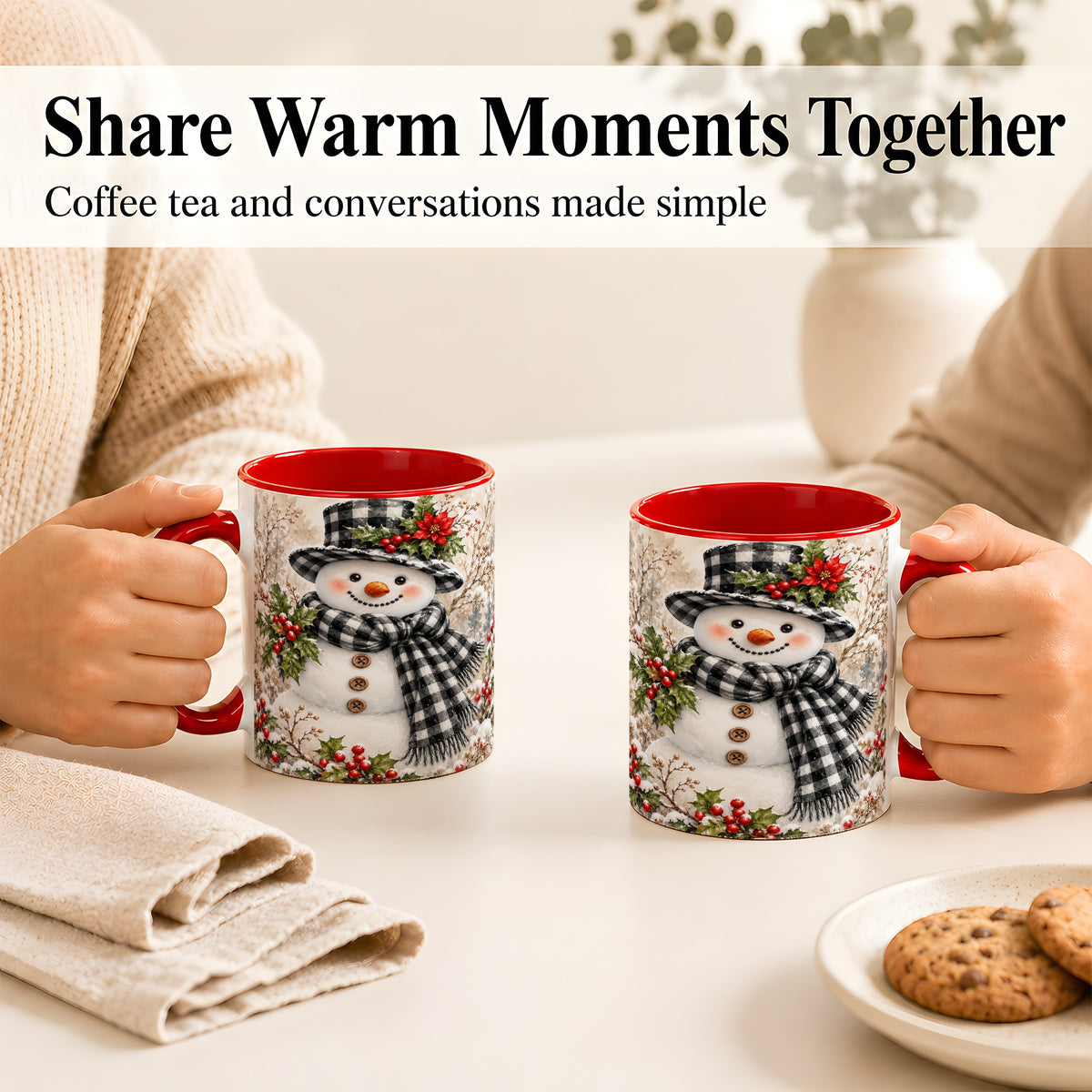 #pl[11oz|Red] Plaid Snowman Coffee Mug, Farmhouse Christmas Mug, Ceramic Cup