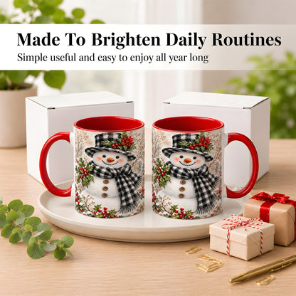 #pl[11oz|Red] Plaid Snowman Coffee Mug, Farmhouse Christmas Mug, Ceramic Cup