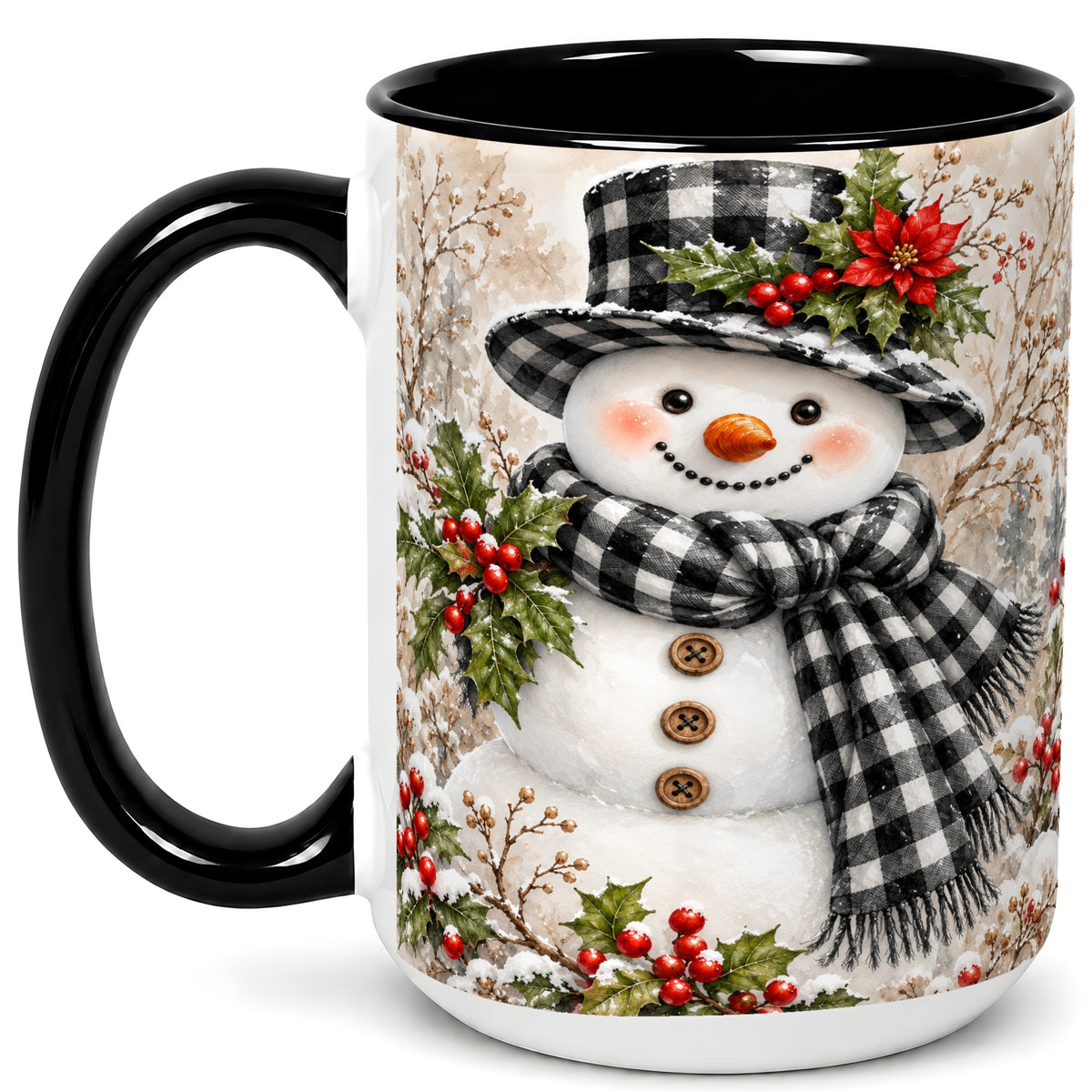 #pl[15oz|Black] Plaid Snowman Coffee Mug, Farmhouse Christmas Mug, Ceramic Cup