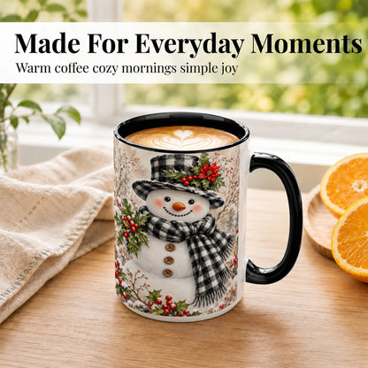 #pl[15oz|Black] Plaid Snowman Coffee Mug, Farmhouse Christmas Mug, Ceramic Cup