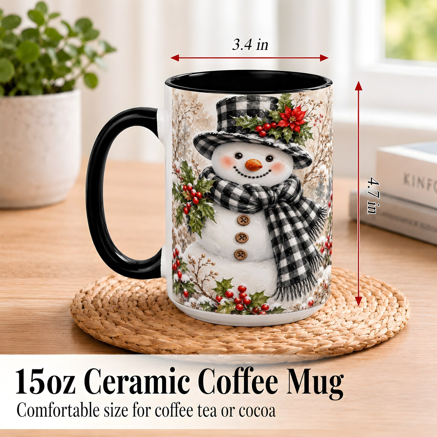 #pl[15oz|Black] Plaid Snowman Coffee Mug, Farmhouse Christmas Mug, Ceramic Cup