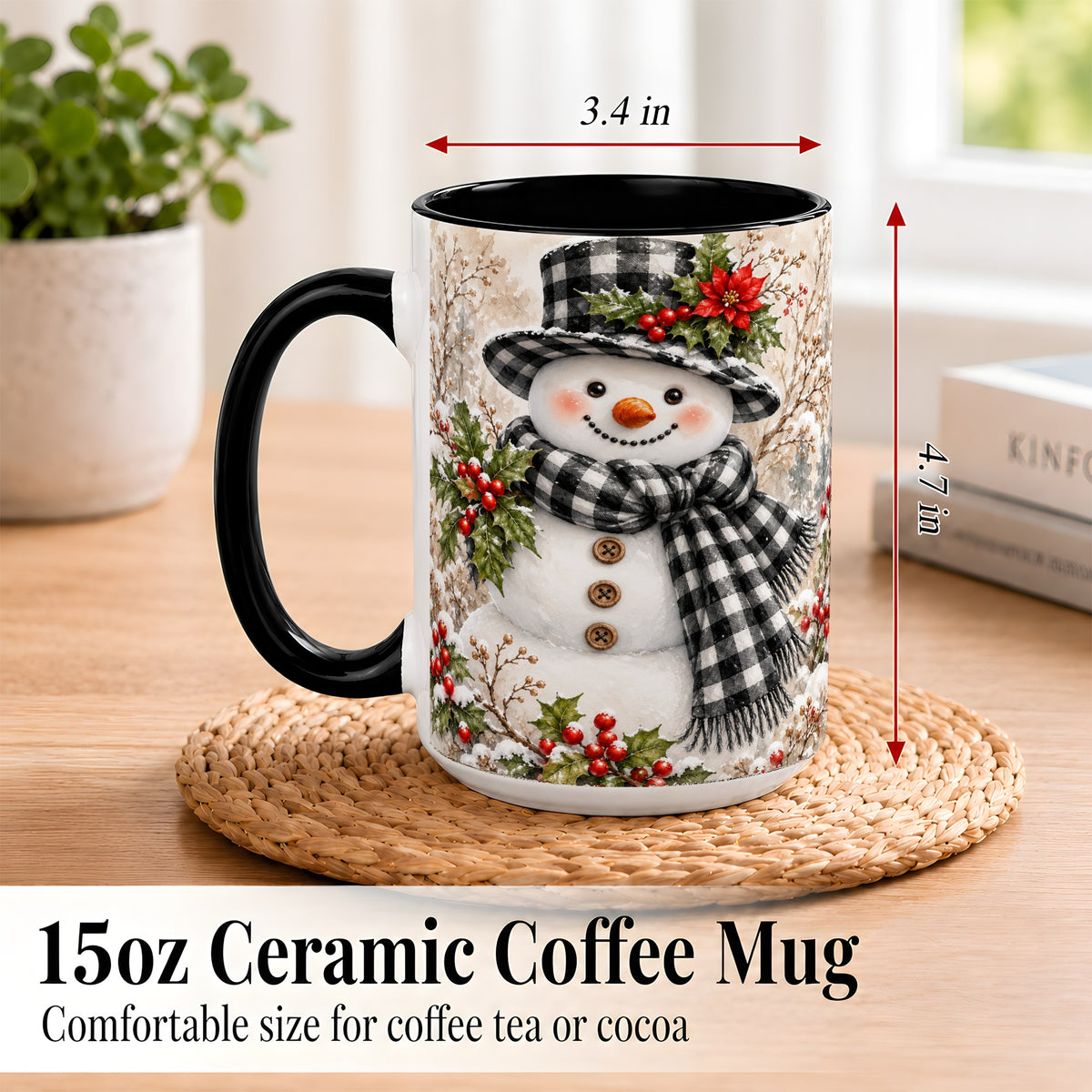 #pl[15oz|Black] Plaid Snowman Coffee Mug, Farmhouse Christmas Mug, Ceramic Cup