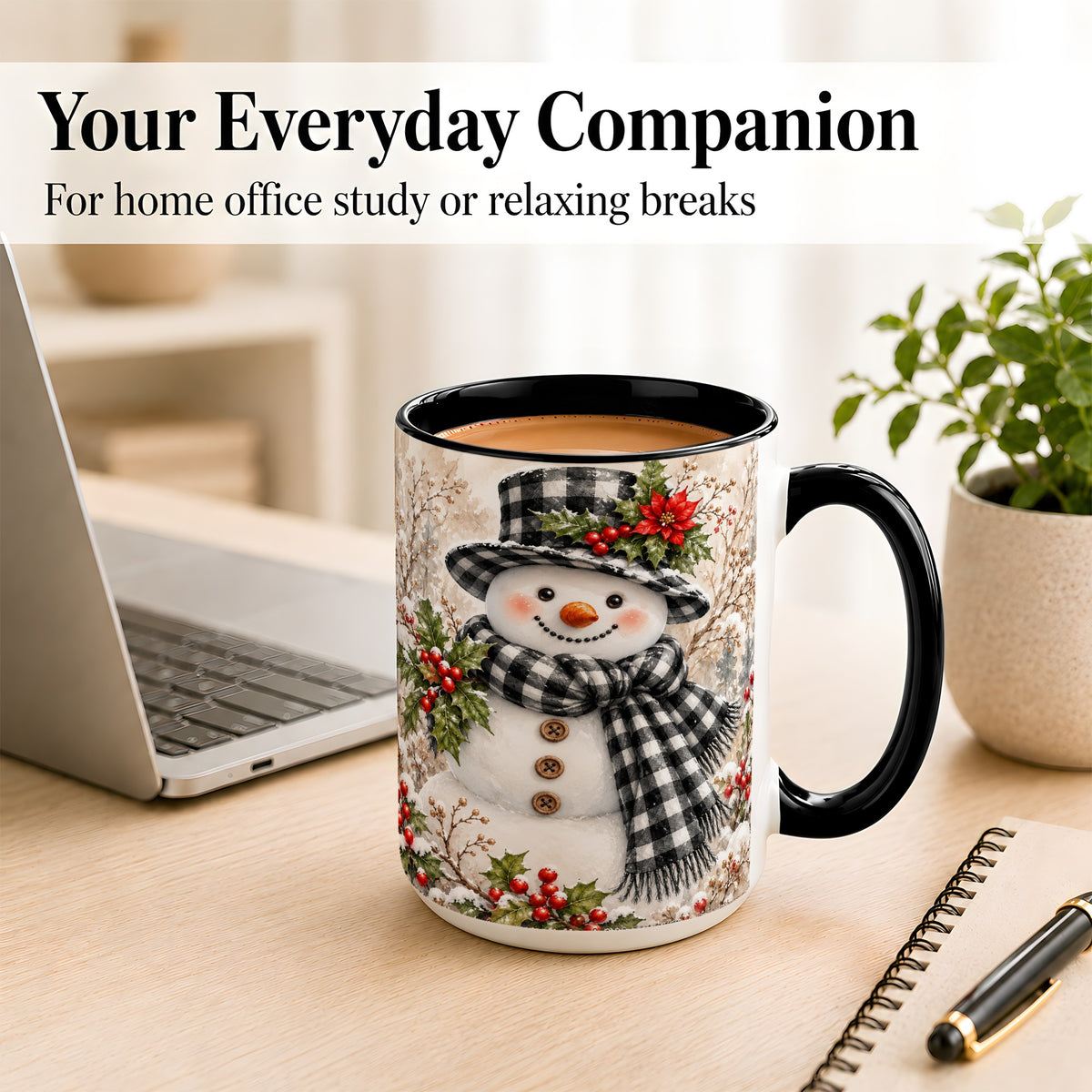 #pl[15oz|Black] Plaid Snowman Coffee Mug, Farmhouse Christmas Mug, Ceramic Cup