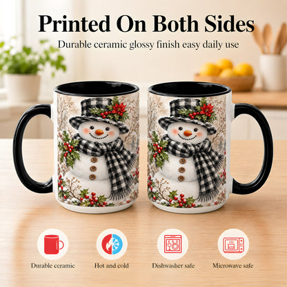 #pl[15oz|Black] Plaid Snowman Coffee Mug, Farmhouse Christmas Mug, Ceramic Cup