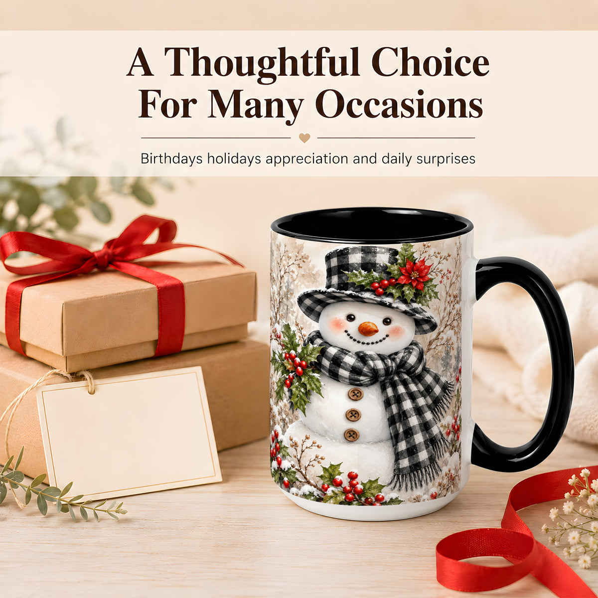 #pl[15oz|Black] Plaid Snowman Coffee Mug, Farmhouse Christmas Mug, Ceramic Cup
