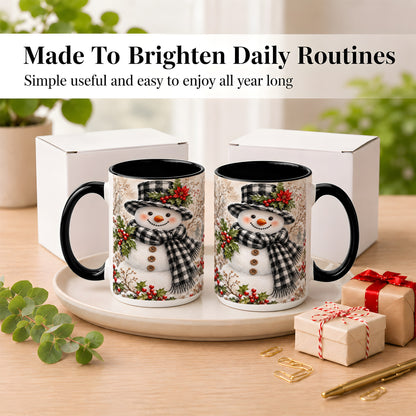 #pl[15oz|Black] Plaid Snowman Coffee Mug, Farmhouse Christmas Mug, Ceramic Cup