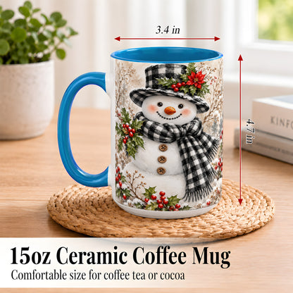 #pl[15oz|Blue] Plaid Snowman Coffee Mug, Farmhouse Christmas Mug, Ceramic Cup