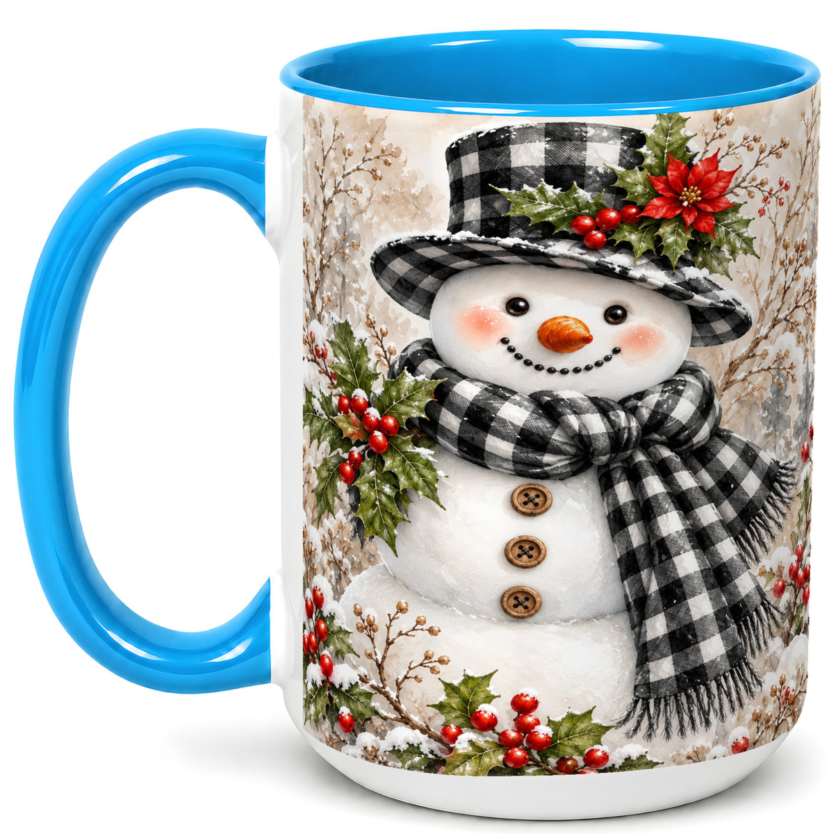 #pl[15oz|Blue] Plaid Snowman Coffee Mug, Farmhouse Christmas Mug, Ceramic Cup