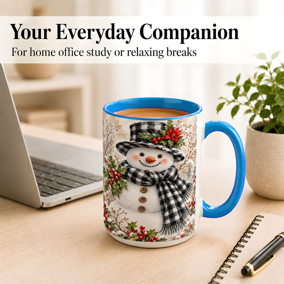 #pl[15oz|Blue] Plaid Snowman Coffee Mug, Farmhouse Christmas Mug, Ceramic Cup