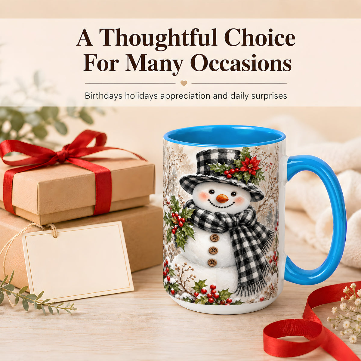 #pl[15oz|Blue] Plaid Snowman Coffee Mug, Farmhouse Christmas Mug, Ceramic Cup