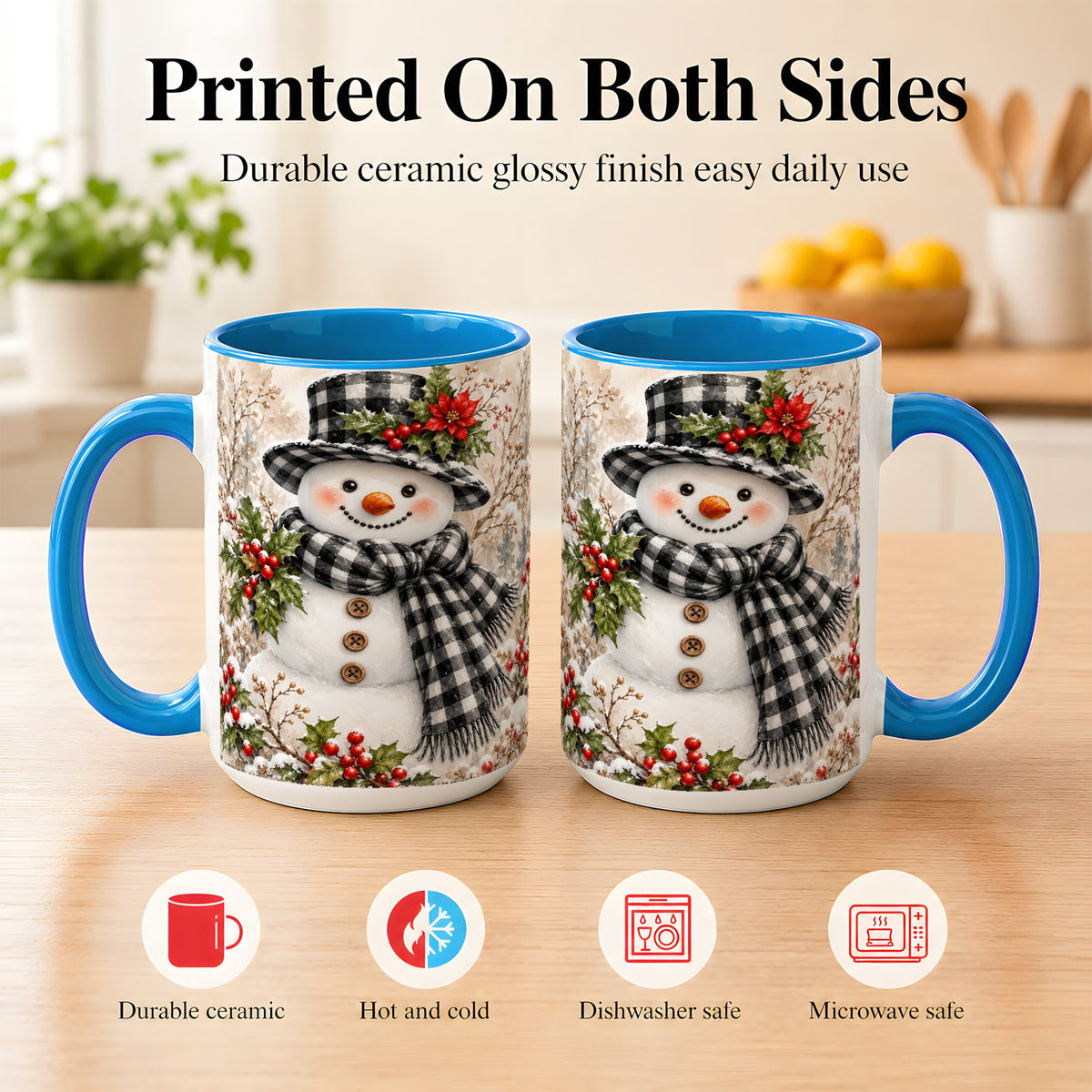 #pl[15oz|Blue] Plaid Snowman Coffee Mug, Farmhouse Christmas Mug, Ceramic Cup