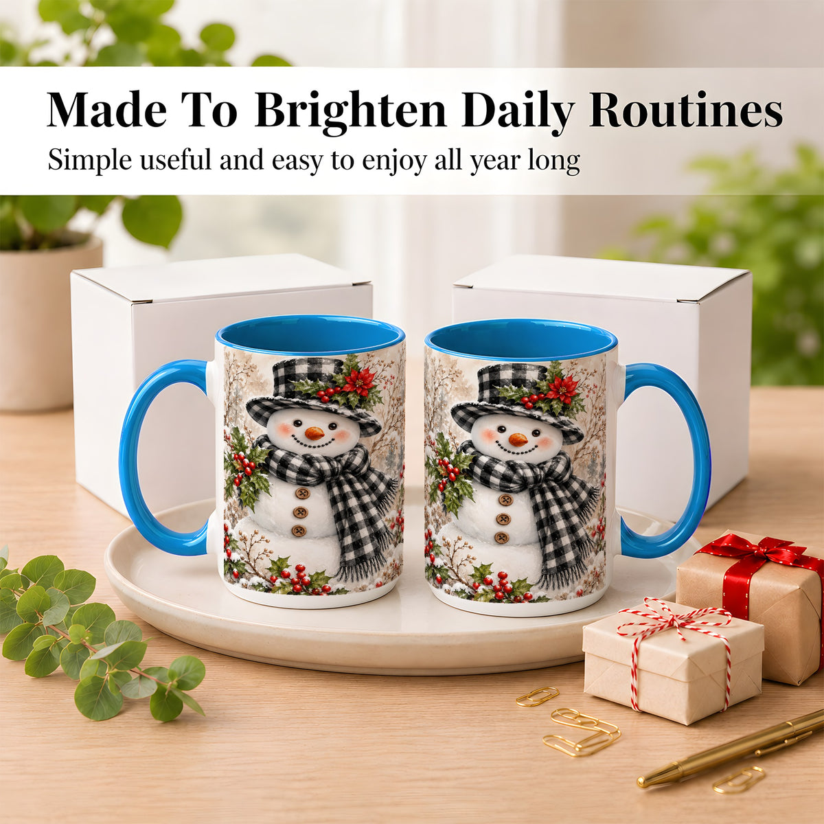 #pl[15oz|Blue] Plaid Snowman Coffee Mug, Farmhouse Christmas Mug, Ceramic Cup