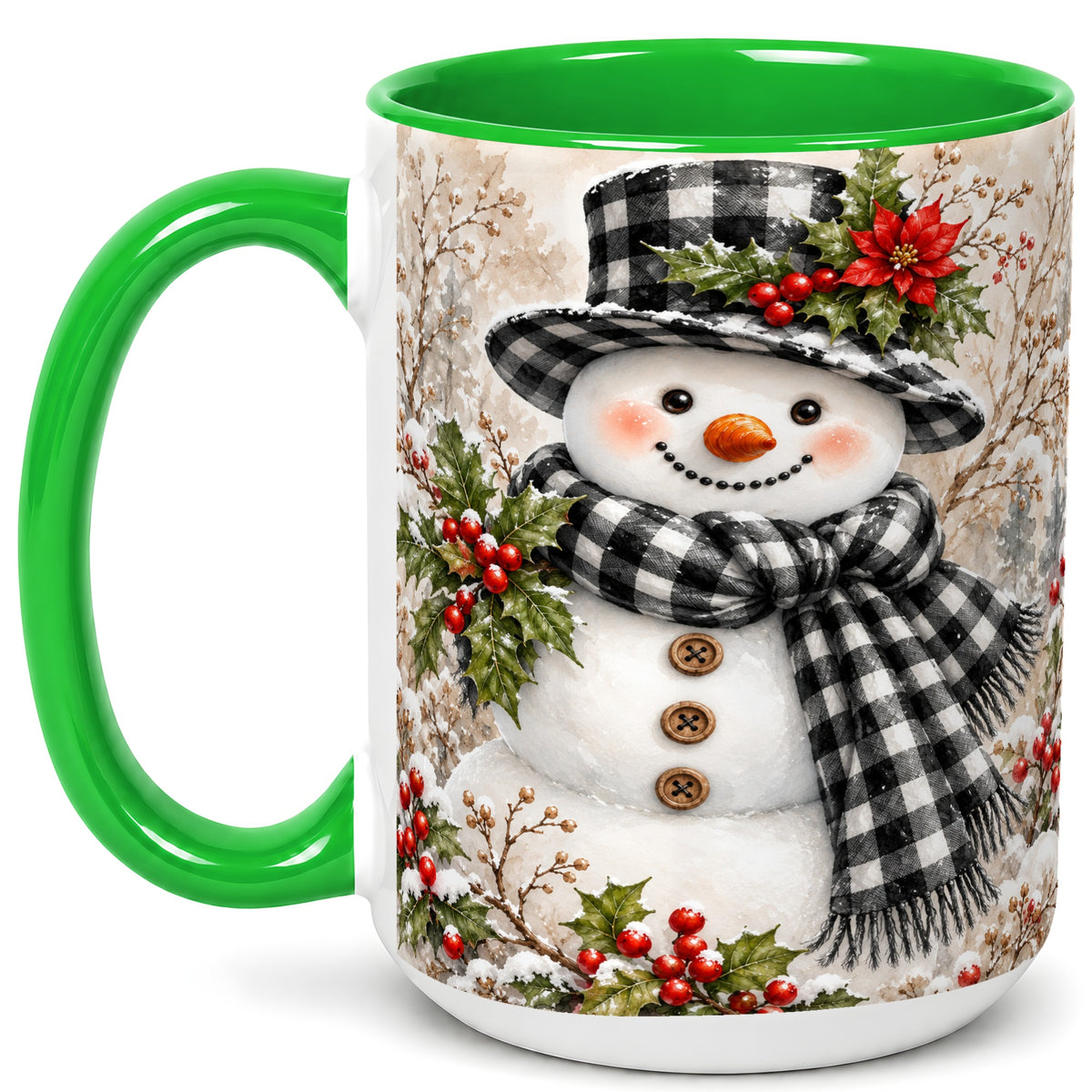 #pl[15oz|Green] Plaid Snowman Coffee Mug, Farmhouse Christmas Mug, Ceramic Cup