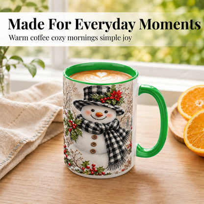 #pl[15oz|Green] Plaid Snowman Coffee Mug, Farmhouse Christmas Mug, Ceramic Cup
