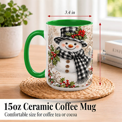 #pl[15oz|Green] Plaid Snowman Coffee Mug, Farmhouse Christmas Mug, Ceramic Cup