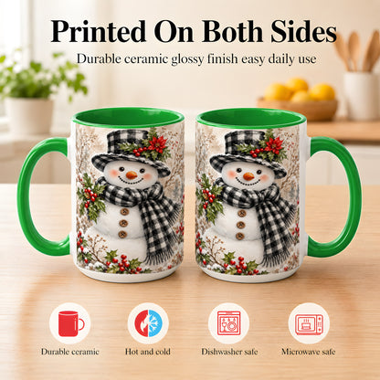 #pl[15oz|Green] Plaid Snowman Coffee Mug, Farmhouse Christmas Mug, Ceramic Cup