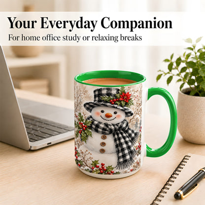 #pl[15oz|Green] Plaid Snowman Coffee Mug, Farmhouse Christmas Mug, Ceramic Cup