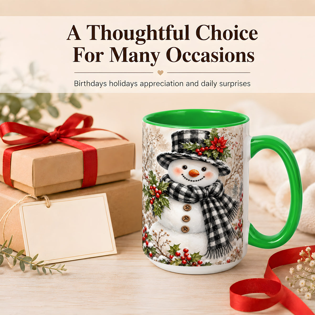 #pl[15oz|Green] Plaid Snowman Coffee Mug, Farmhouse Christmas Mug, Ceramic Cup