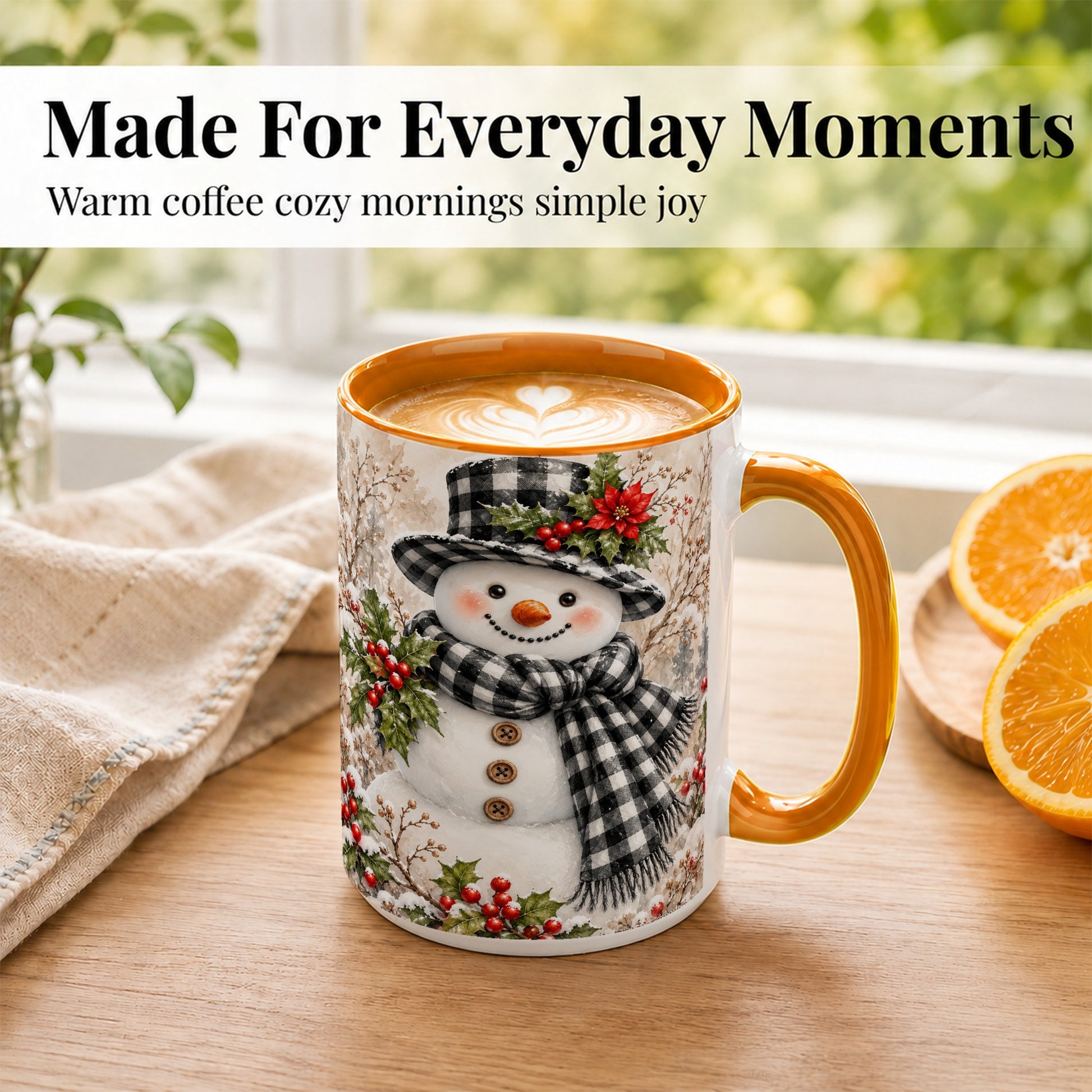 #pl[15oz|Orange] Plaid Snowman Coffee Mug, Farmhouse Christmas Mug, Ceramic Cup