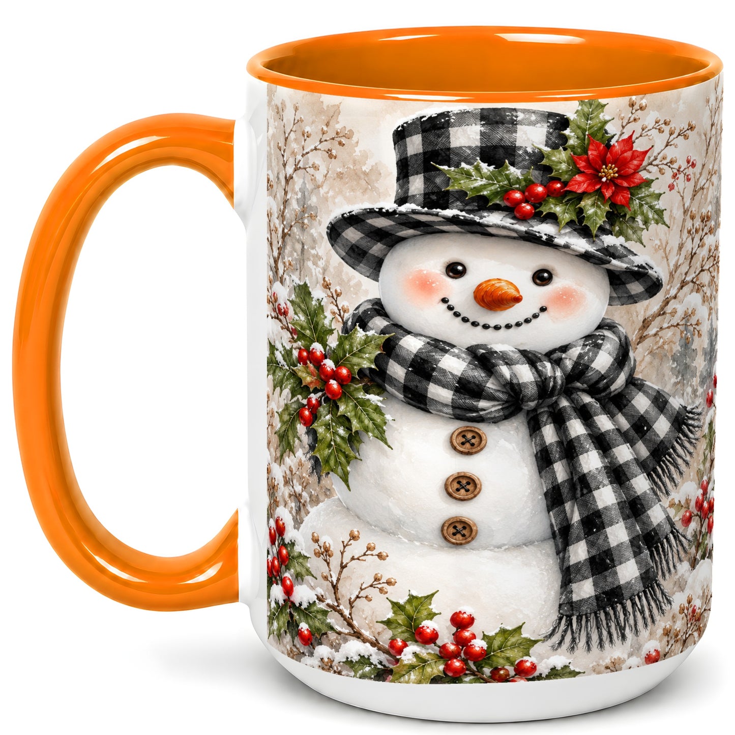 #pl[15oz|Orange] Plaid Snowman Coffee Mug, Farmhouse Christmas Mug, Ceramic Cup