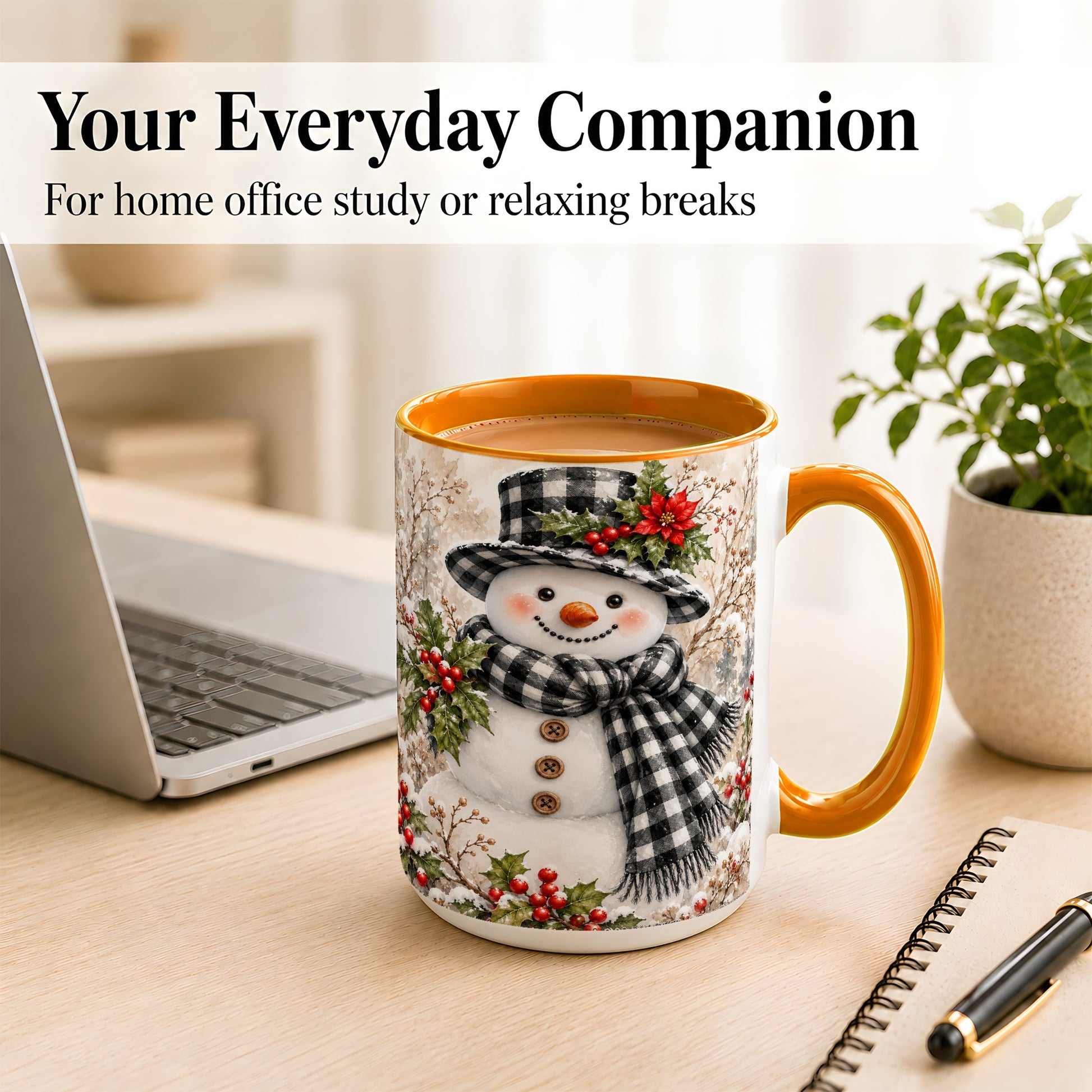 #pl[15oz|Orange] Plaid Snowman Coffee Mug, Farmhouse Christmas Mug, Ceramic Cup
