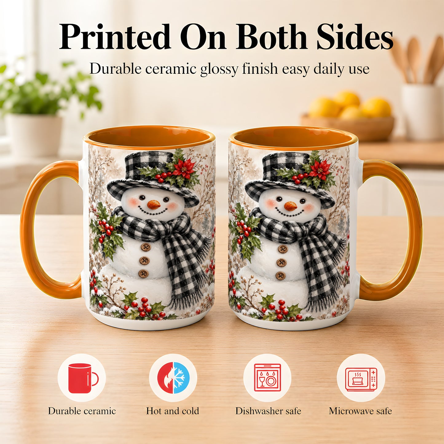 #pl[15oz|Orange] Plaid Snowman Coffee Mug, Farmhouse Christmas Mug, Ceramic Cup