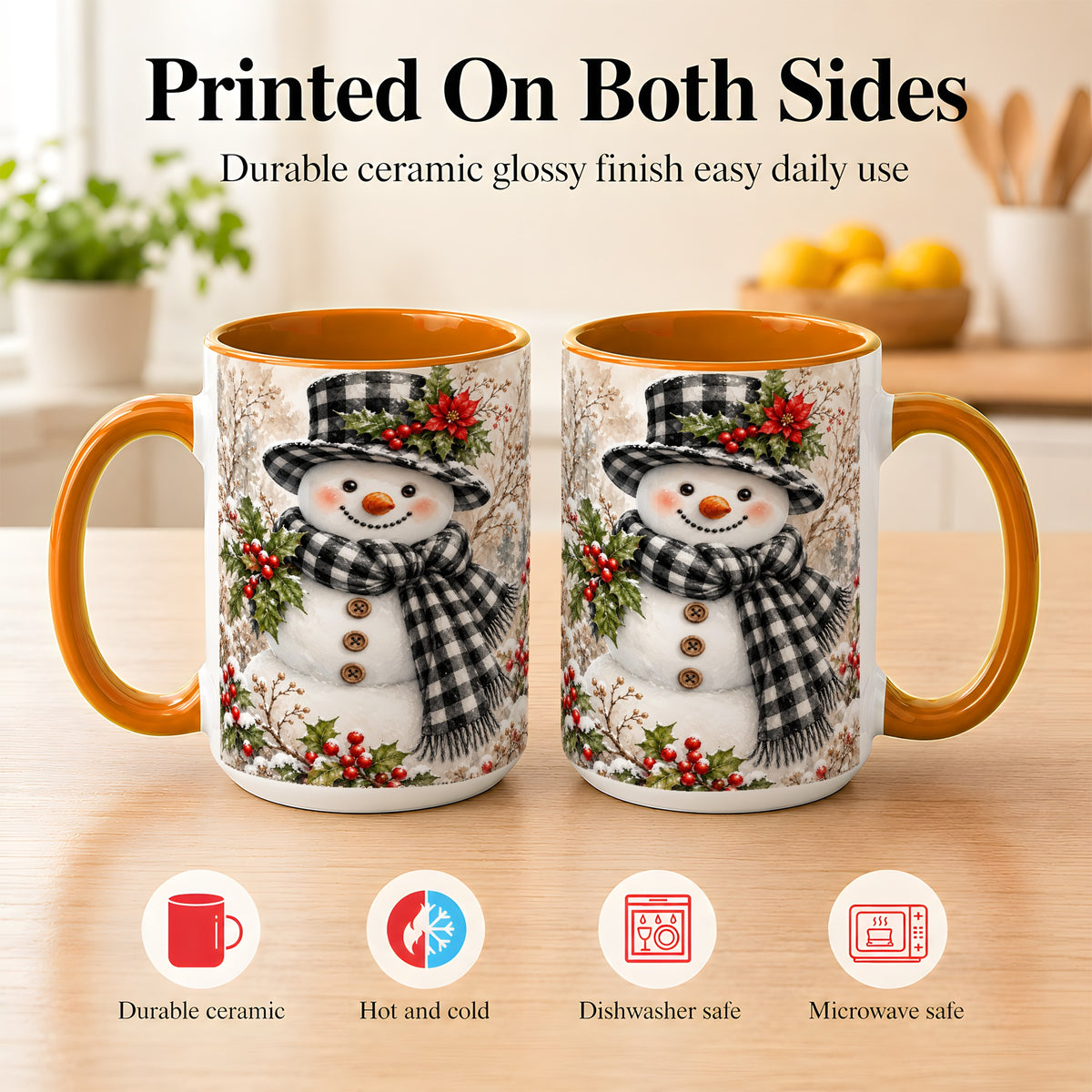 #pl[15oz|Orange] Plaid Snowman Coffee Mug, Farmhouse Christmas Mug, Ceramic Cup