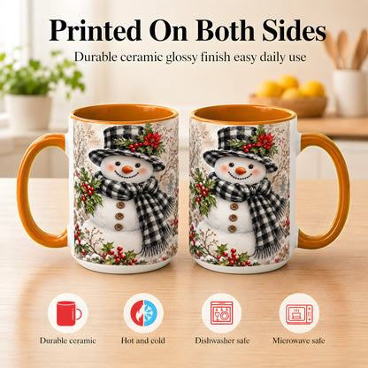 #pl[15oz|Orange] Plaid Snowman Coffee Mug, Farmhouse Christmas Mug, Ceramic Cup