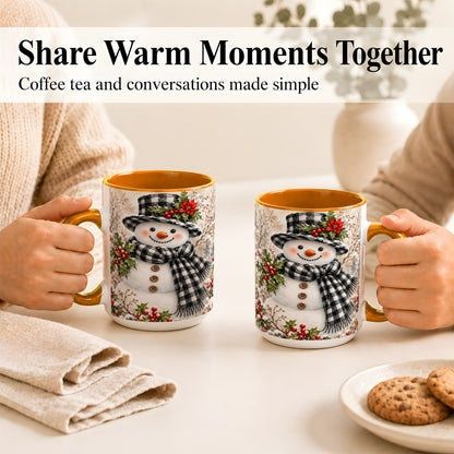 #pl[15oz|Orange] Plaid Snowman Coffee Mug, Farmhouse Christmas Mug, Ceramic Cup