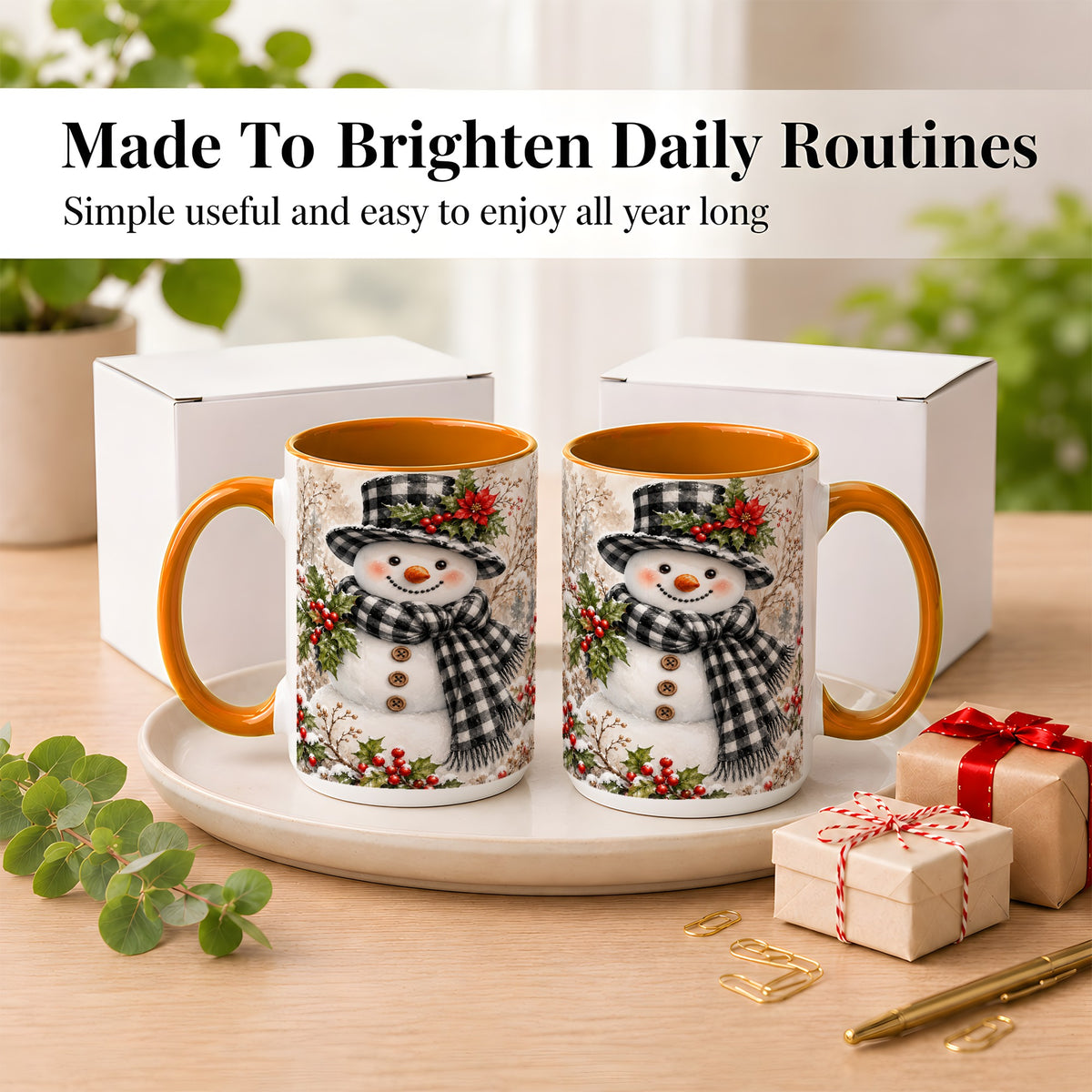 #pl[15oz|Orange] Plaid Snowman Coffee Mug, Farmhouse Christmas Mug, Ceramic Cup