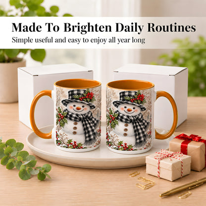 #pl[15oz|Orange] Plaid Snowman Coffee Mug, Farmhouse Christmas Mug, Ceramic Cup