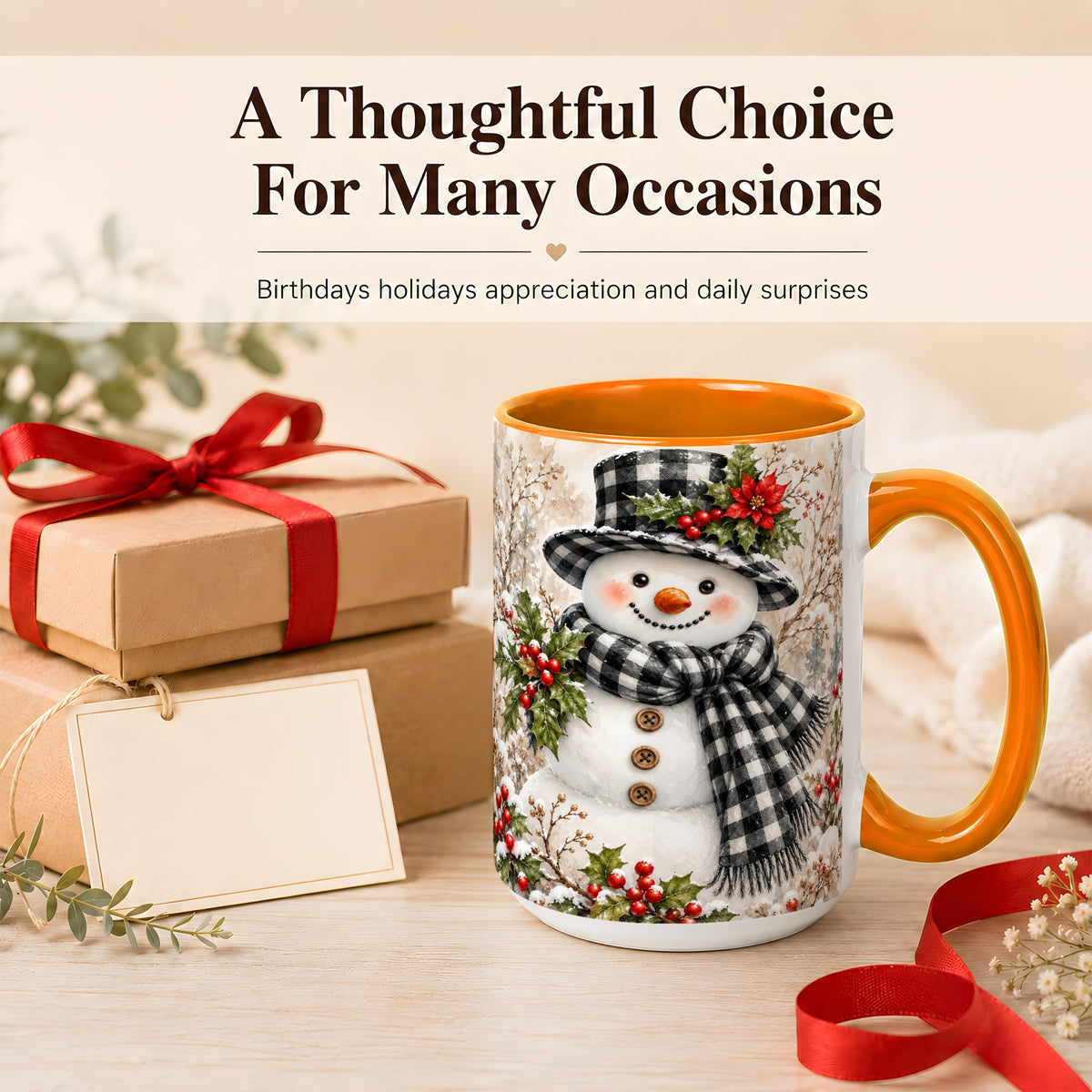 #pl[15oz|Orange] Plaid Snowman Coffee Mug, Farmhouse Christmas Mug, Ceramic Cup