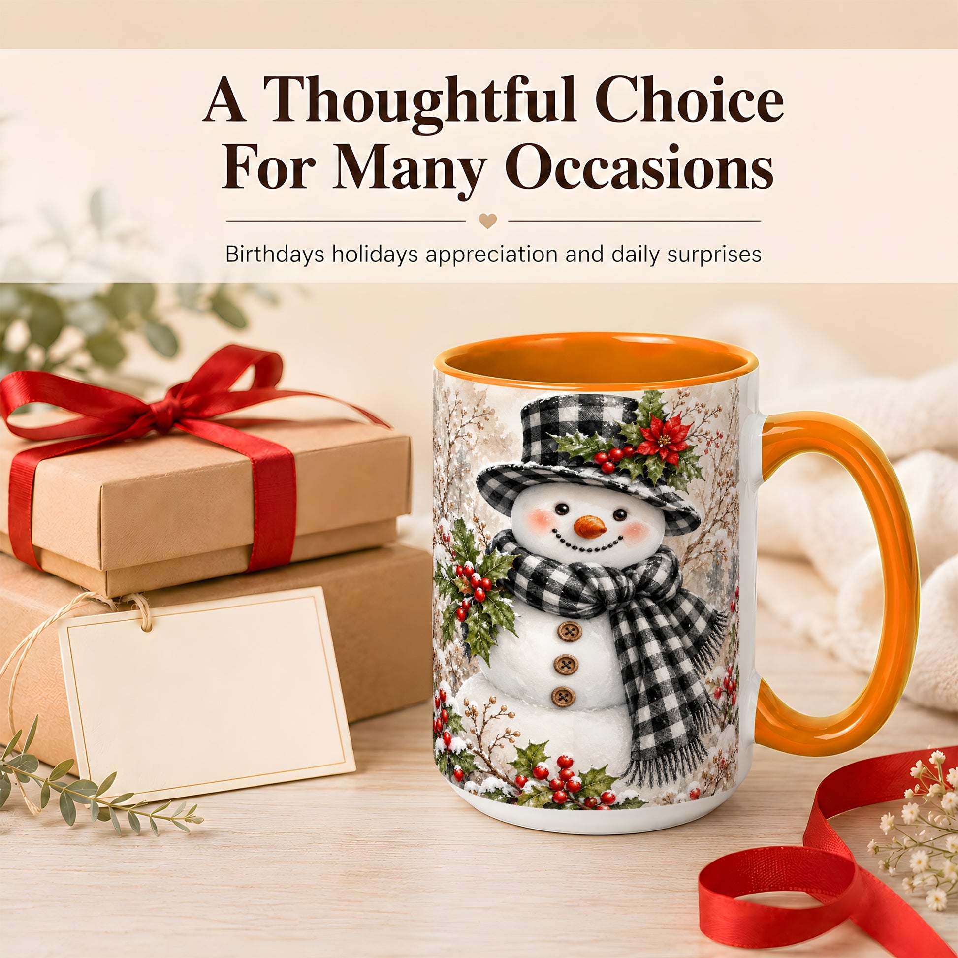 #pl[15oz|Orange] Plaid Snowman Coffee Mug, Farmhouse Christmas Mug, Ceramic Cup