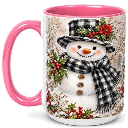 #pl[15oz|Pink] Plaid Snowman Coffee Mug, Farmhouse Christmas Mug, Ceramic Cup
