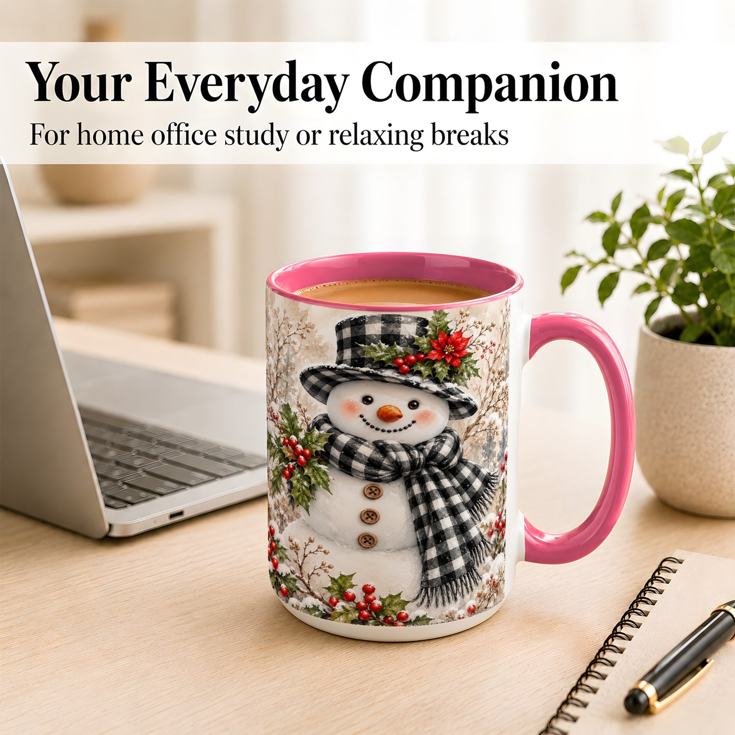 #pl[15oz|Pink] Plaid Snowman Coffee Mug, Farmhouse Christmas Mug, Ceramic Cup