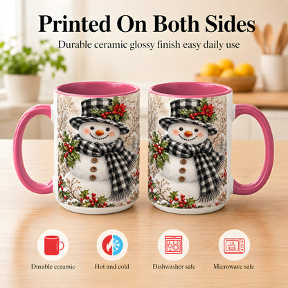 #pl[15oz|Pink] Plaid Snowman Coffee Mug, Farmhouse Christmas Mug, Ceramic Cup