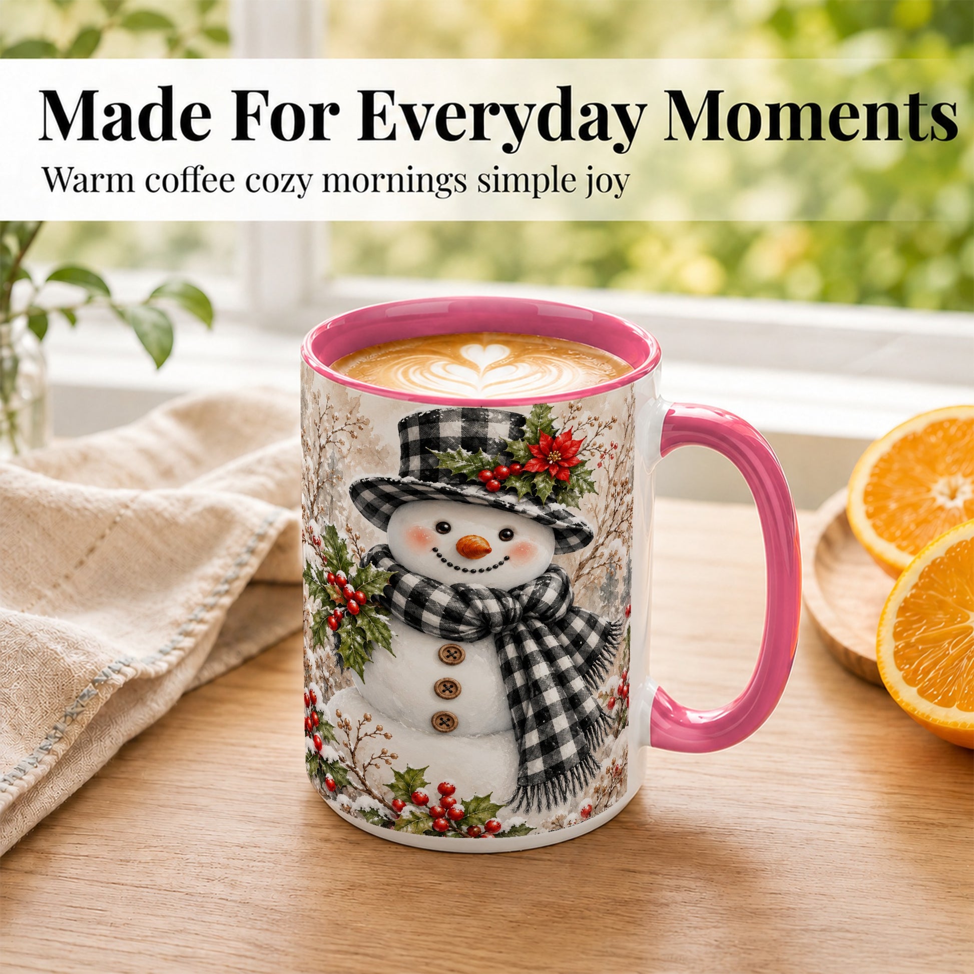 #pl[15oz|Pink] Plaid Snowman Coffee Mug, Farmhouse Christmas Mug, Ceramic Cup